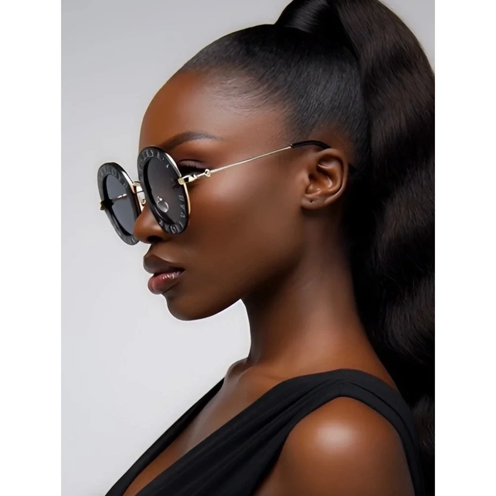 Luxury Round Oversized Sunglasses‎ Black Gold Designer Style Women Shades Trendy